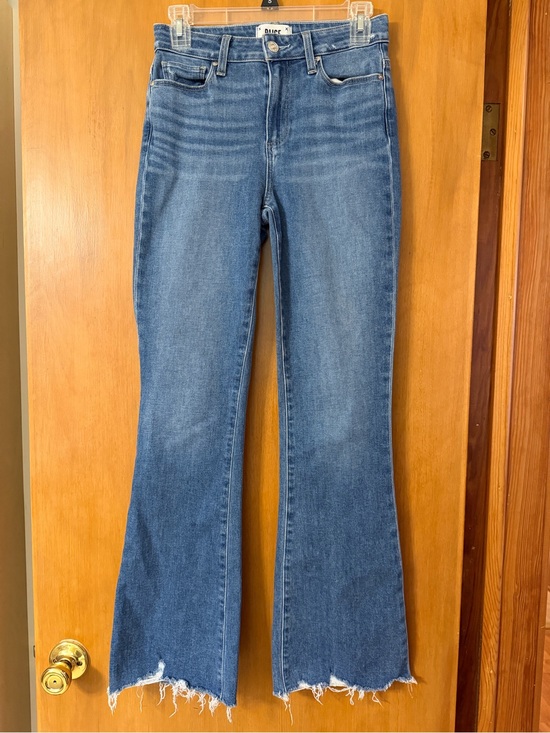 PAIGE Denim - PAIGE Medium Blue Flare Jeans with Raw Hem Laurel Canyon